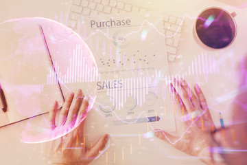 FOREX chart multi exposure with work table background.