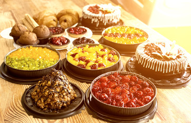 still life of cakes and sweets in the production of desserts, background