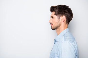 Profile side photo of attractive man leader real executive boss in enterprise look listen to his employees wear style stylish clothes isolated over grey color background