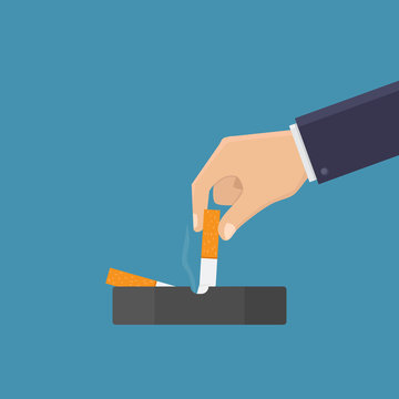 Stop smoking, turn off the cigarette in the ashtray with blue background flat design vector illustration