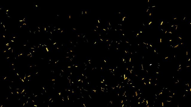 Gold confetti falling on black background .