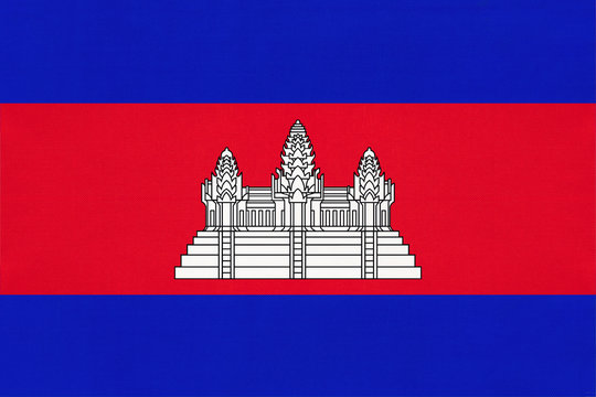 Cambodia national fabric flag, textile background. Symbol of international asian world country.