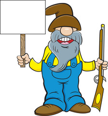 Cartoon illustration of a man with a long beard holding a musket and a sign.