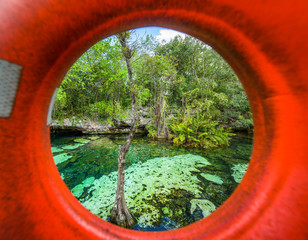 view of Cenote Azul in a life preserver, Riviera Maya, Playa Del Carmen, Mexico