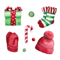 hand drawn watercolor illustration set of gift box, striped socks, knitted red mittens with hat and candy cane isolated on white - christmas and winter holidays