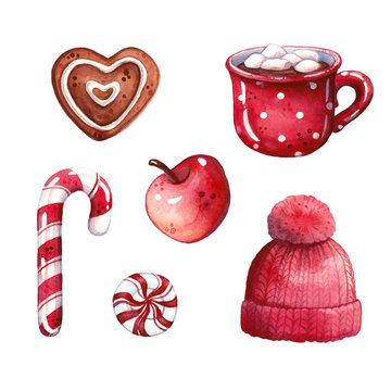 hand drawn watercolor illustration set of heart shaped gingerbread, hot chocolate with marshmallow in mug, apple, candy cane and red hat isolated on white - christmas, hygge and winter holidays