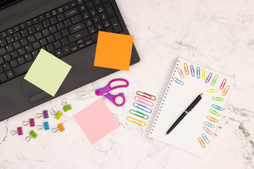Top view of office table. Office supplies on the table 