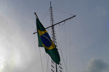 flags, sky, Brazil, mast, a cloud, blue, green, yellow, rope, cross, white.