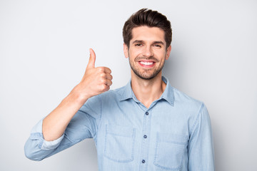 Portrait of positive cheerful man show thumb-up recommend ads sales discounts wear casual style...