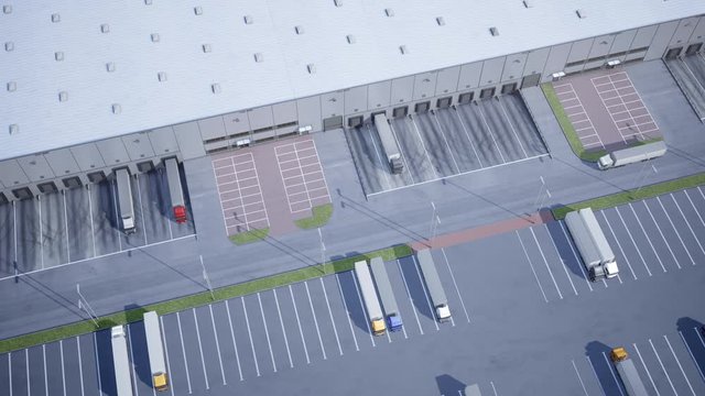 Time lapse and top view of warehouse, logistics park with loading hub, a lot of semi-trailers trucks at ramps during load and unload goods. 3d 60 fps animation.