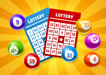 Lottery colored number balls and tickets.