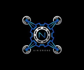 Drone Gear Engineering Letter N Logo Design,  Flying Gear Drone Vector 