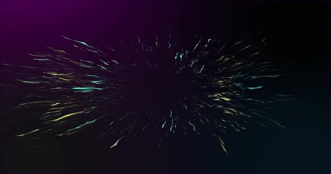 abstract background, digital flower like a sun arises from a black background. Three-dimensional elements that grow like rays of light. Colored three-dimensional ribbons as Fireworks from space