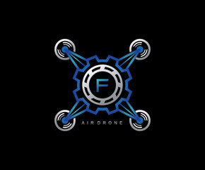 Obraz premium Drone Gear Engineering Letter F Logo Design, Flying Gear Drone Vector 