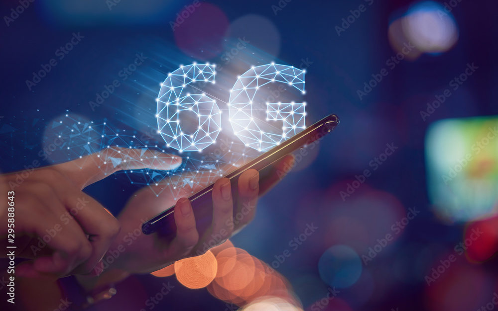 Poster concept of future technology 6g network, hands press smartphone and high-speed new generation networ
