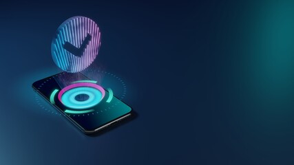 3D rendering neon holographic phone symbol of chevron circle down icon on dark background
