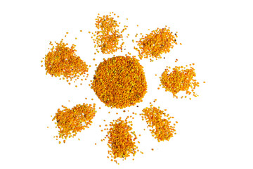 The sun shaped isolated bee pollen grains on a white background. Healthy natural medicine concept