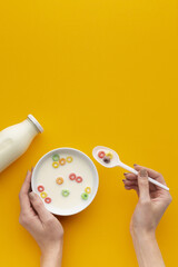 Top view tasty cereal bowl with milk