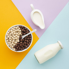 Top view cereal bowl with milk
