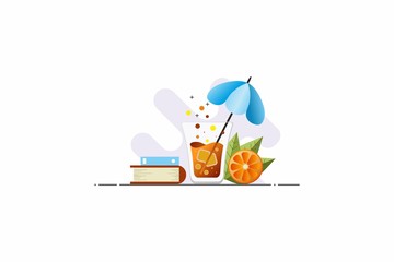 Illustration with cocktail, orange and books. Modern and light illustration in a minimalist style