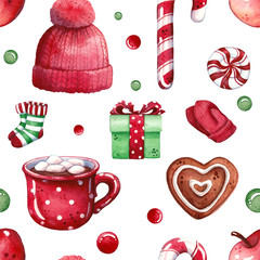hand drawn watercolor seamless pattern illustration of winter clothes with gingerbread, hot chocolate in mug, candy canes and gift box isolated on white - christmas, hygge and holidays