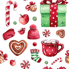 hand drawn watercolor seamless pattern illustration of winter clothes with gingerbread, hot chocolate in mug, candy canes and gift box isolated on white - christmas, hygge and holidays