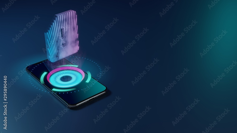 Poster 3d rendering neon holographic phone symbol of interface icon on dark background