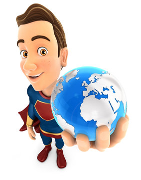 3d superhero holding blue earth