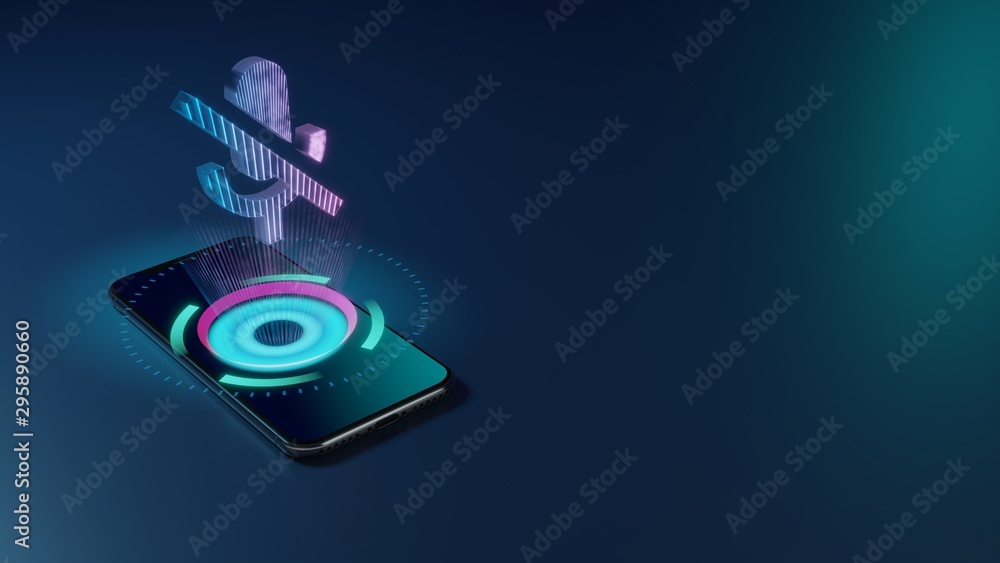 Poster 3d rendering neon holographic phone symbol of interface icon on dark background