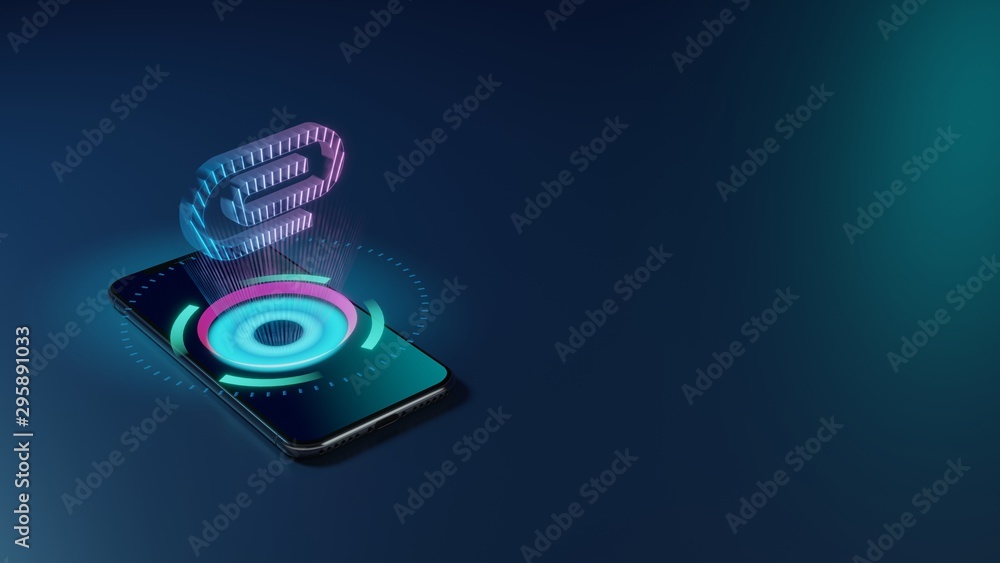 Poster 3d rendering neon holographic phone symbol of interface icon on dark background