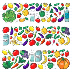 Vector pattern with healthy food. Fruits and vegetables. Milk, dairy products. Pattern for store, mall, menu, cafe, restaurants.