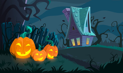 Background for halloween with pumpkins and a house. Halloween vector background,