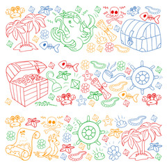 Vector set with pirate elements for birthday party for little children. Kids pattern with octopus, beach, treasure chest, ship