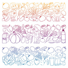 Vector banners with children eating healthy food. Fruits and vegetables. Kids like milk, dairy products. Pattern for store, mall, menu, cafe, restaurants.