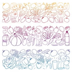 Fototapeten Vector banners with children eating healthy food. Fruits and vegetables. Kids like milk, dairy products. Pattern for store, mall, menu, cafe, restaurants. © rudut2015