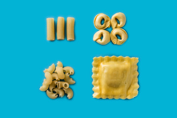 Different types of pasta pattern. Ravioli, penne pasta and  tortellini on blue background