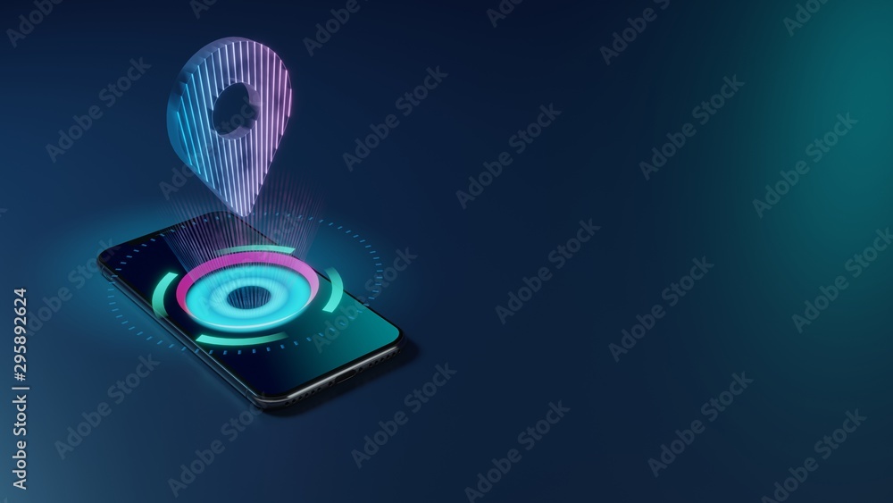 Poster 3d rendering neon holographic phone symbol of map marker icon on dark background