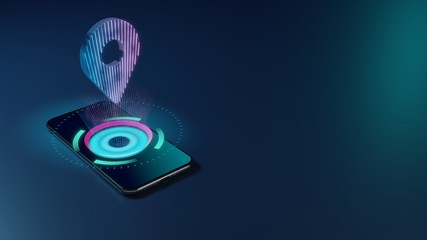 3D rendering neon holographic phone symbol of map marker icon on dark background