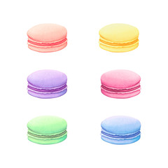 Hand drawn illustration set of different pastel color macaron cookies isolated on white. Food, sweets and bakery