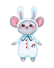 Hand drawn watercolor illustration clipart of cute little mouse in carnival costume of rabbit isolated on white. Christmas and winter holidays