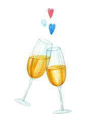 Hand drawn watercolor illustration clipart set of champagne glasses with hearts isolated on white. Drinks, holidays and celebration