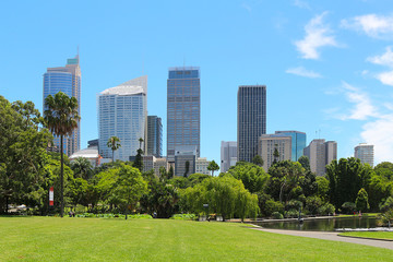 Fototapeta na wymiar View at skyscrapers of Sydney from Royal Botanic Gardens (Australia)