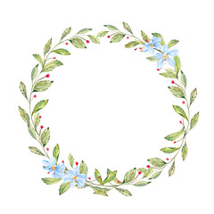 Watercolor Wild Plants, Flowers and Berries wreath. Round frame with wild flowers, plants, fern and branches. hand drawn illustration