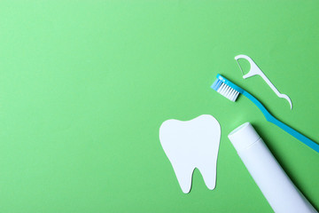Fototapeta na wymiar Flat composition for oral care and place for text on a light background. Dental hygiene