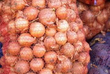 natural onions in the nets on the market, bags full of onions prepared for the winter months,
