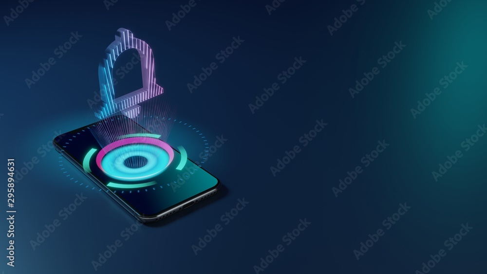 Poster 3d rendering neon holographic phone symbol of notifications bell button icon on dark background