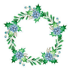 Watercolor round Christmas frame with green leaves, branches with blue berries and poinsettia. Isolated object on white background for greeting and invitation cards.