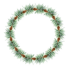 Fototapeta na wymiar Watercolor round Christmas frame with pine branches and cones. Isolated object on white background for greeting and invitation cards.