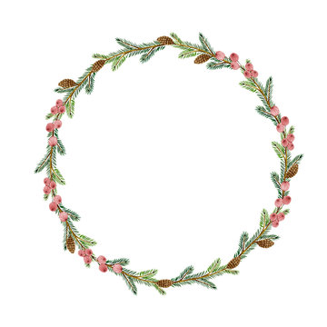 Watercolor round Christmas frame with fir branches, cones and red berries. Isolated object on white background for greeting and invitation cards.
