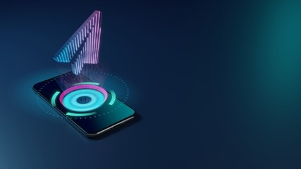 3D rendering neon holographic phone symbol of paper plane icon on dark background